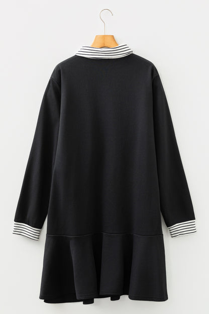 Plus Size Striped Polo Collar Ruffle Hem Shift Dress