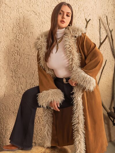 Plus Size Furry Trim Open Front Coat - Plus Size XL-4XL - View 7