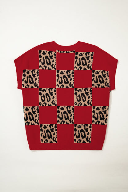 Plus Size Leopard Checkered Short Sleeve Sweater - Plus Size Clothing