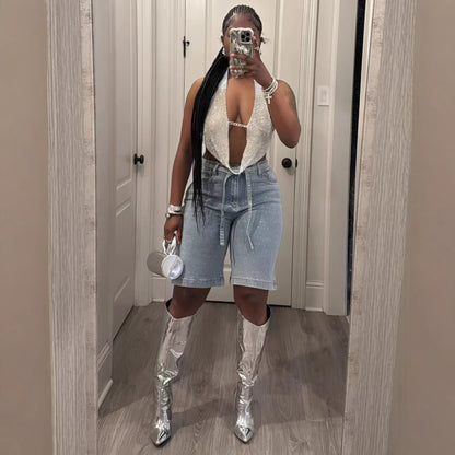 Plus Size Loose Denim 5-Panel Shorts