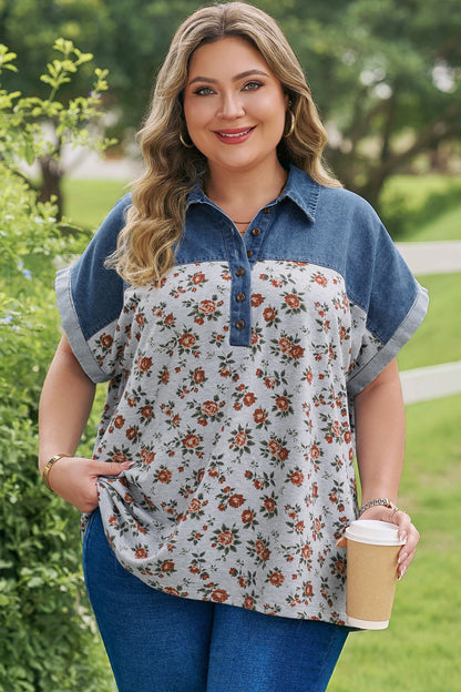 Plus Size Retro Floral Denim Patchwork Polo Tee