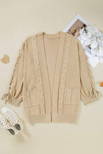 Plus Size Cable Knit Braided Tie Sleeve Cardigan - Plus Size XL-4XL - View 8