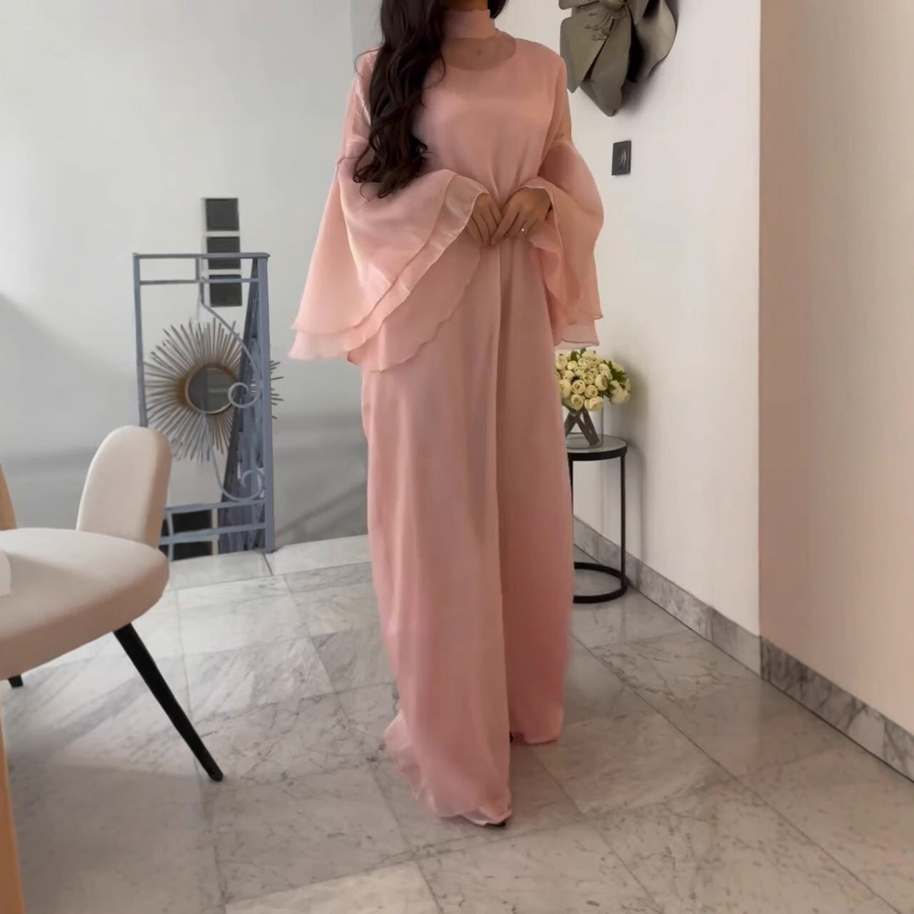 Plus Size Elegant Stand Collar Flare Sleeve Long Dress