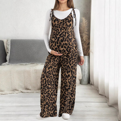 maternity wear leopard print overalls adjustable shoulder straps wide-leg pants - Plus Size Clothing