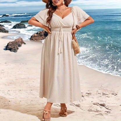 Plus Size Elegant V-Neck Long Sleeve Waist-Cinching Dress