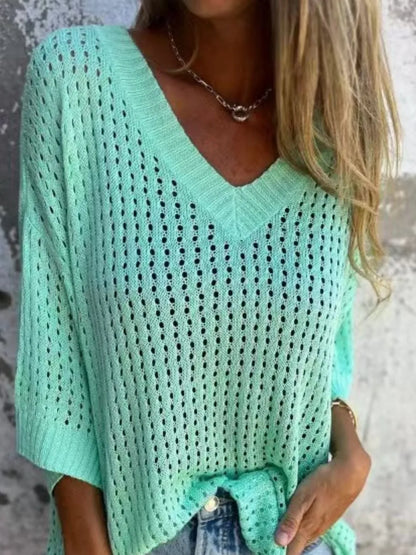 Plus Size Openwork V-Neck Knit Cover Up - Plus Size Clothing