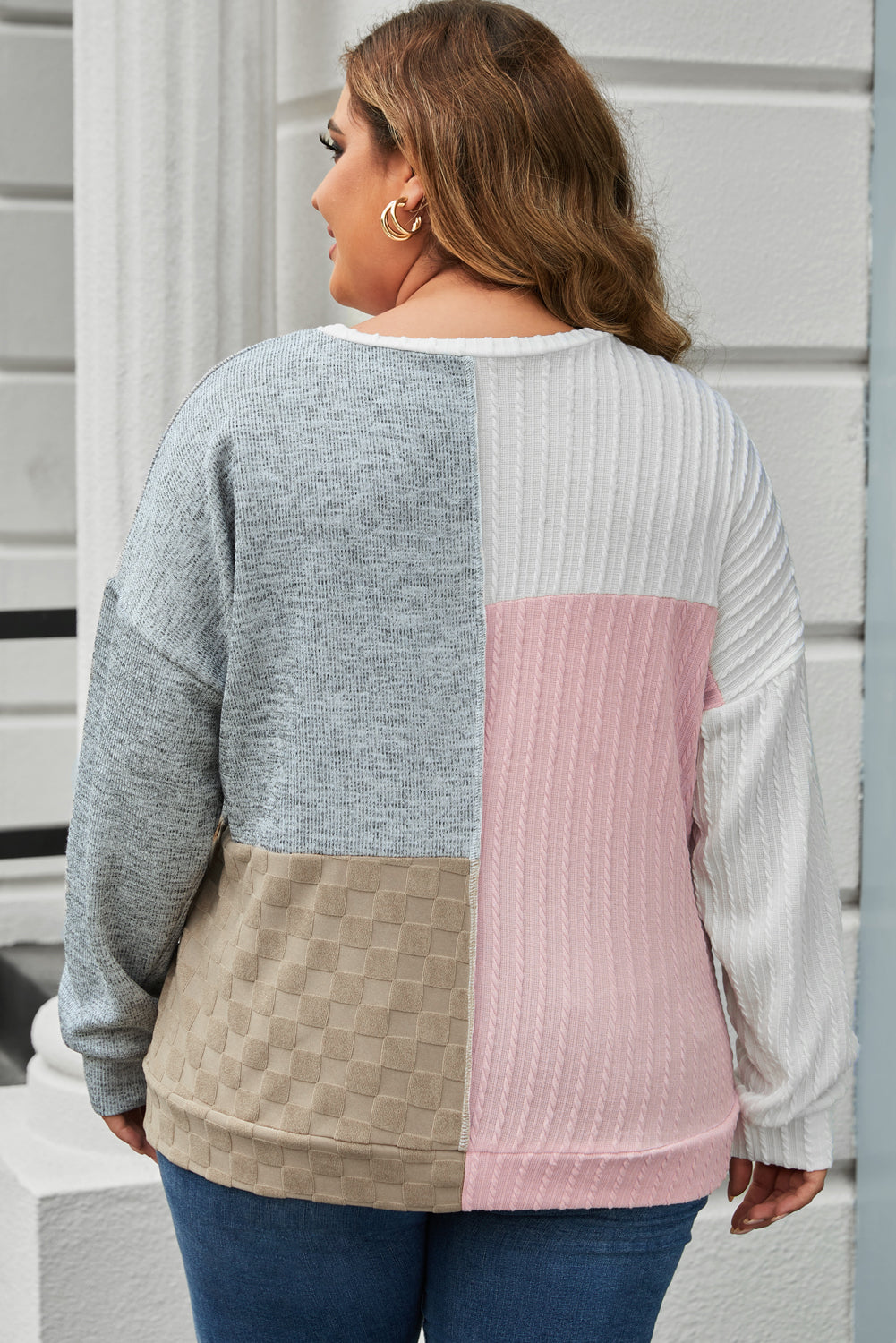 Plus Size Cable Knit Colorblock Long Sleeve Top