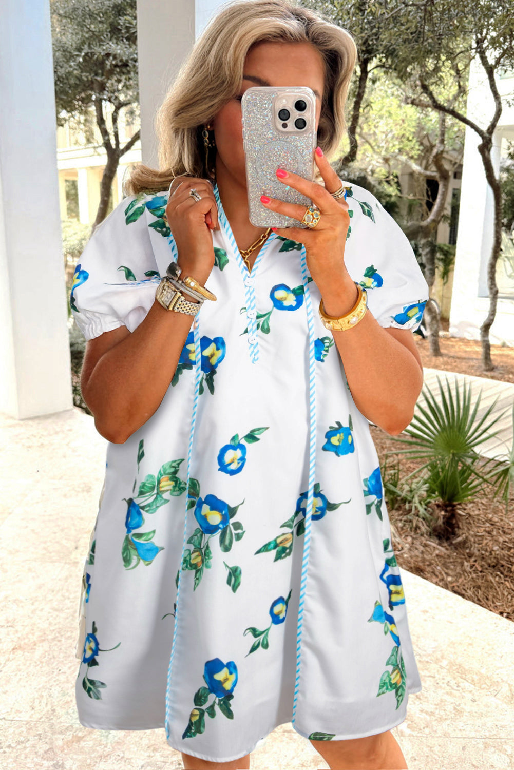 Plus Size Floral Puff Sleeve Contrast Tie V Neck Dress