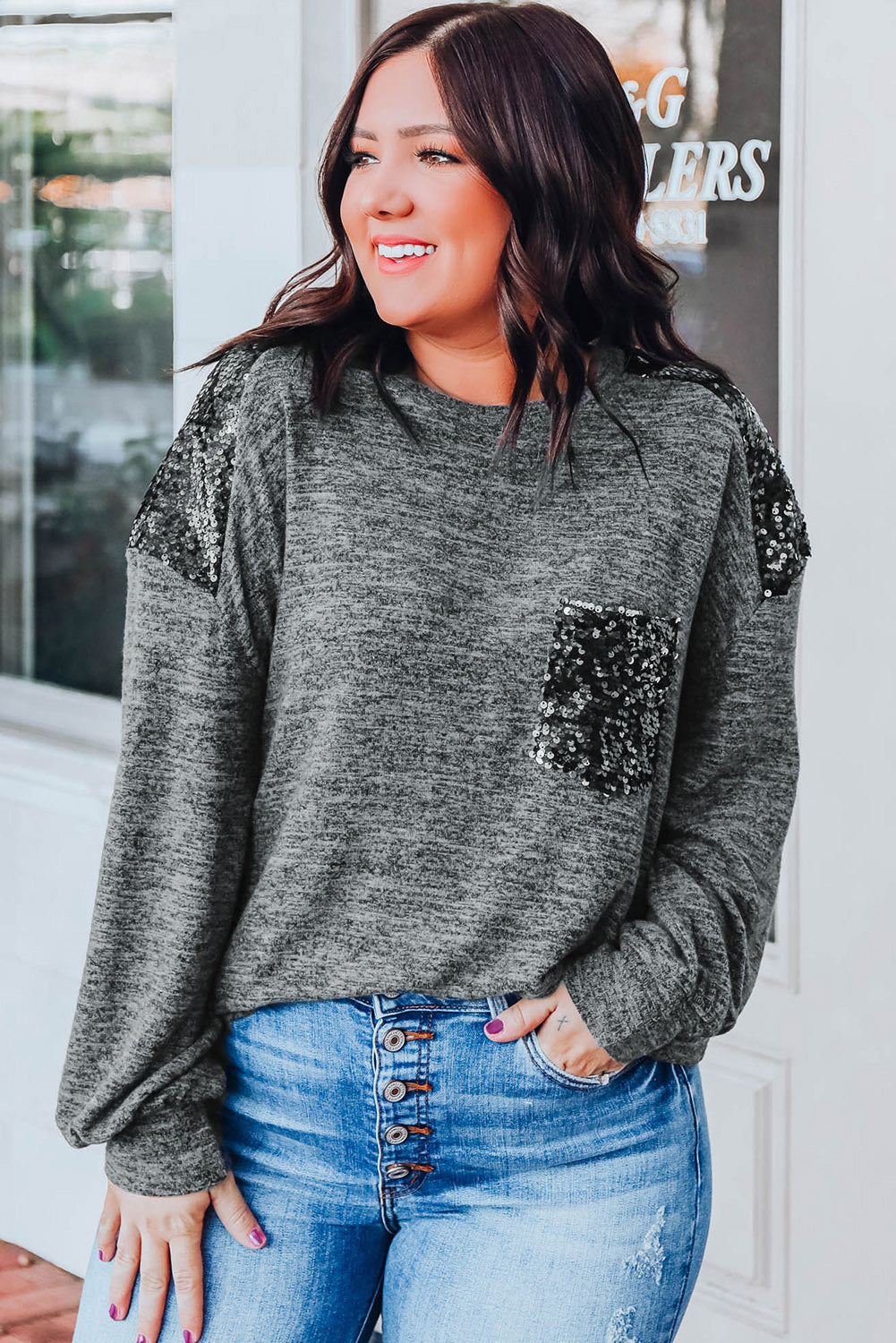 Plus Size Gray Sequin Patchwork Long Sleeve Top