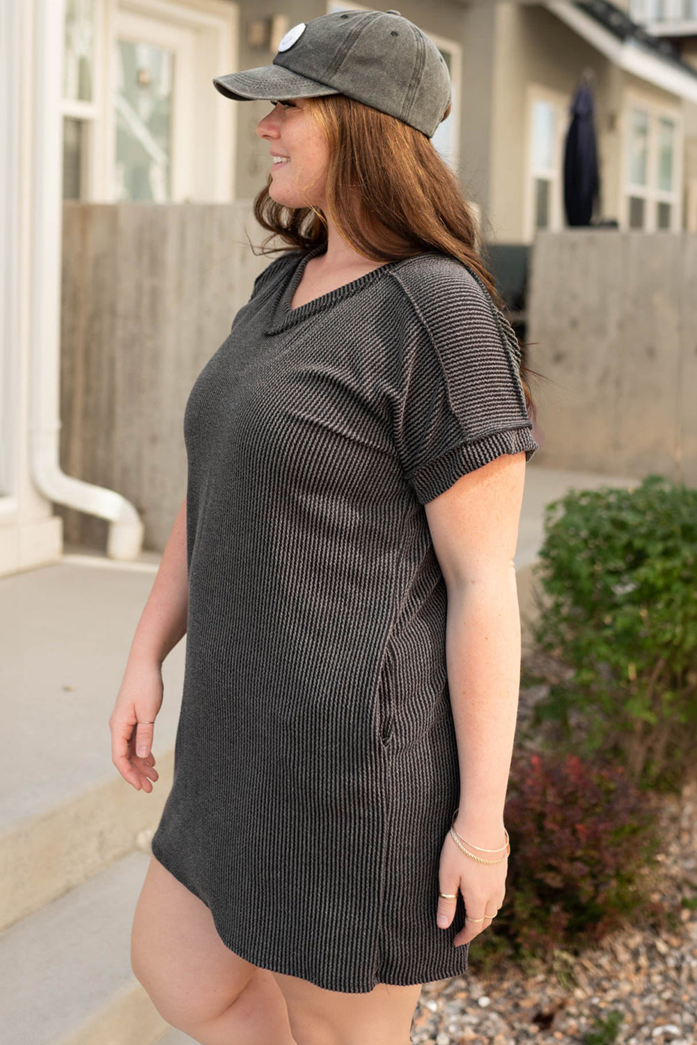 Plus Size Corded V Neck T Shirt Dress with Pockets - Plus Size XL-4XL - View 3