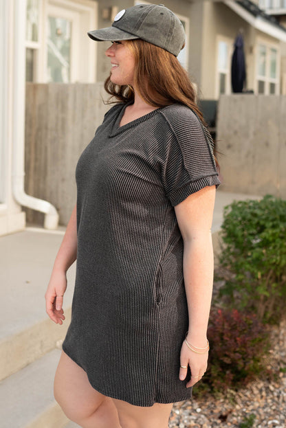 Plus Size Corded V Neck T Shirt Dress - Plus Size XL-4XL - View 3