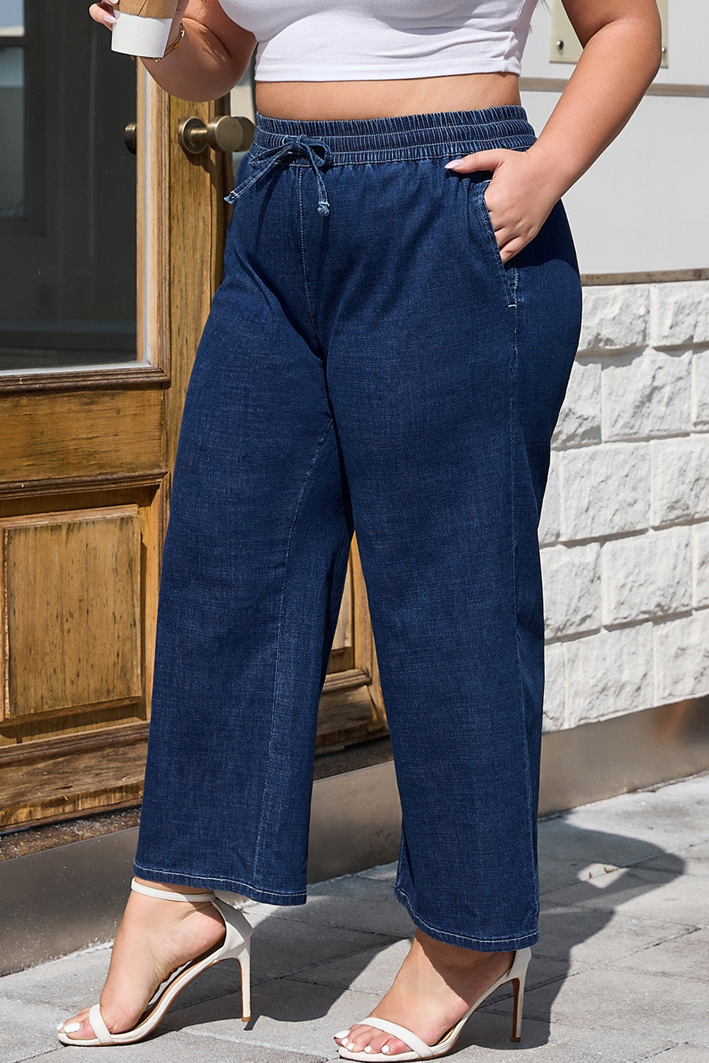 Plus Size Drawstring High Waist Wide Leg Jeans