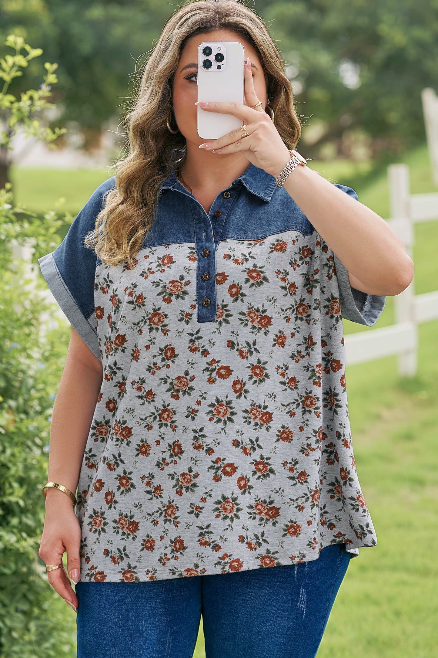 Plus Size Retro Floral Denim Patchwork Polo Tee