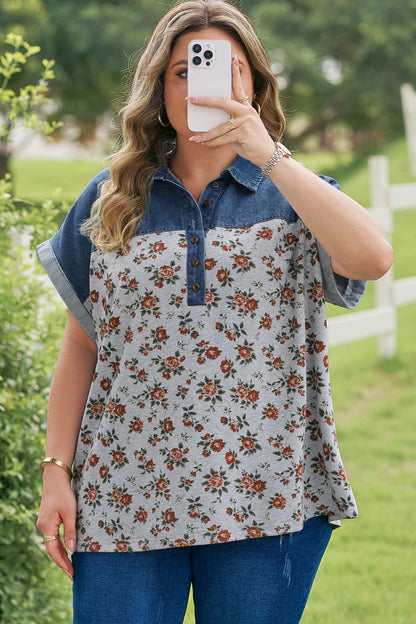 Plus Size Retro Floral Denim Patchwork Polo Tee