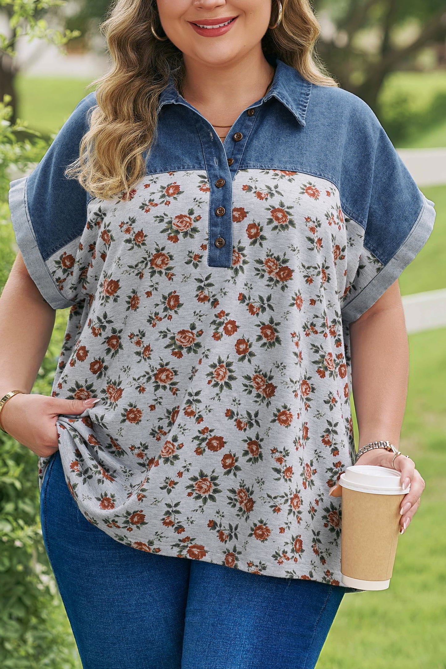 Plus Size Retro Floral Denim Patchwork Polo Tee