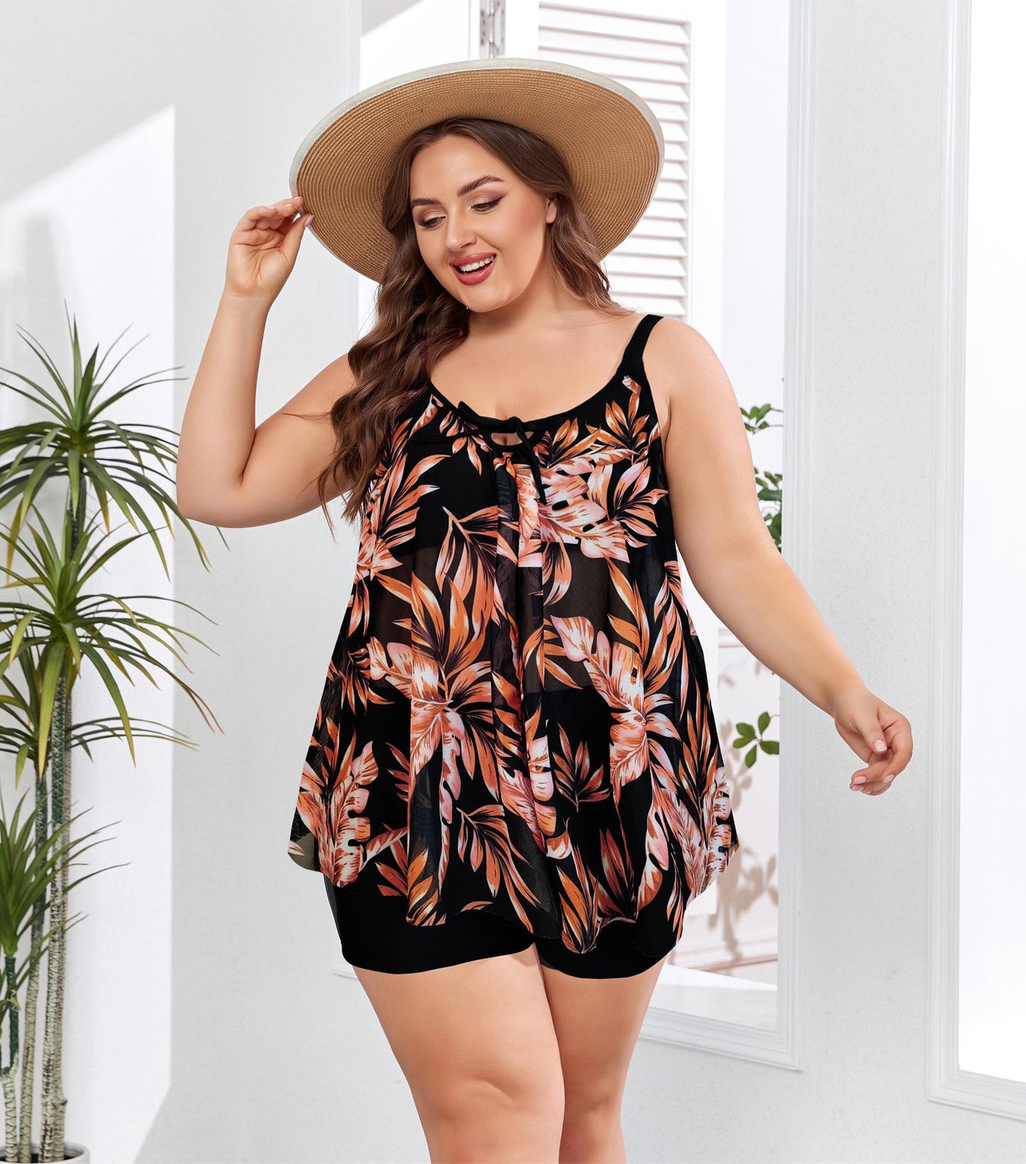 Mesh Split Flat Angle High Waist Pants Large Tankini Swimsuit for Women