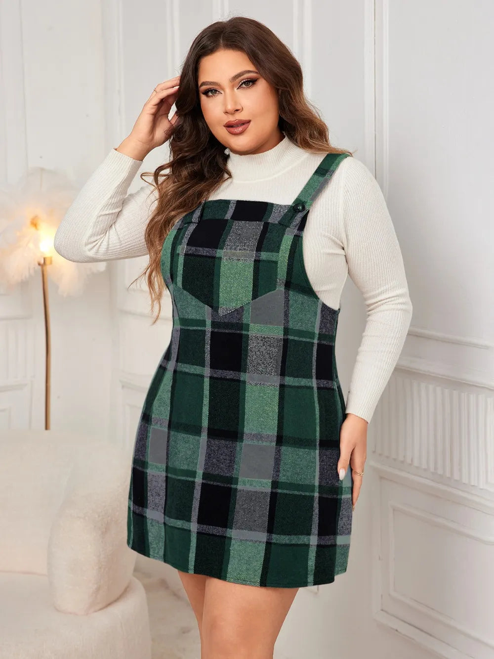 Plus Size Plaid Overall Mini Dress