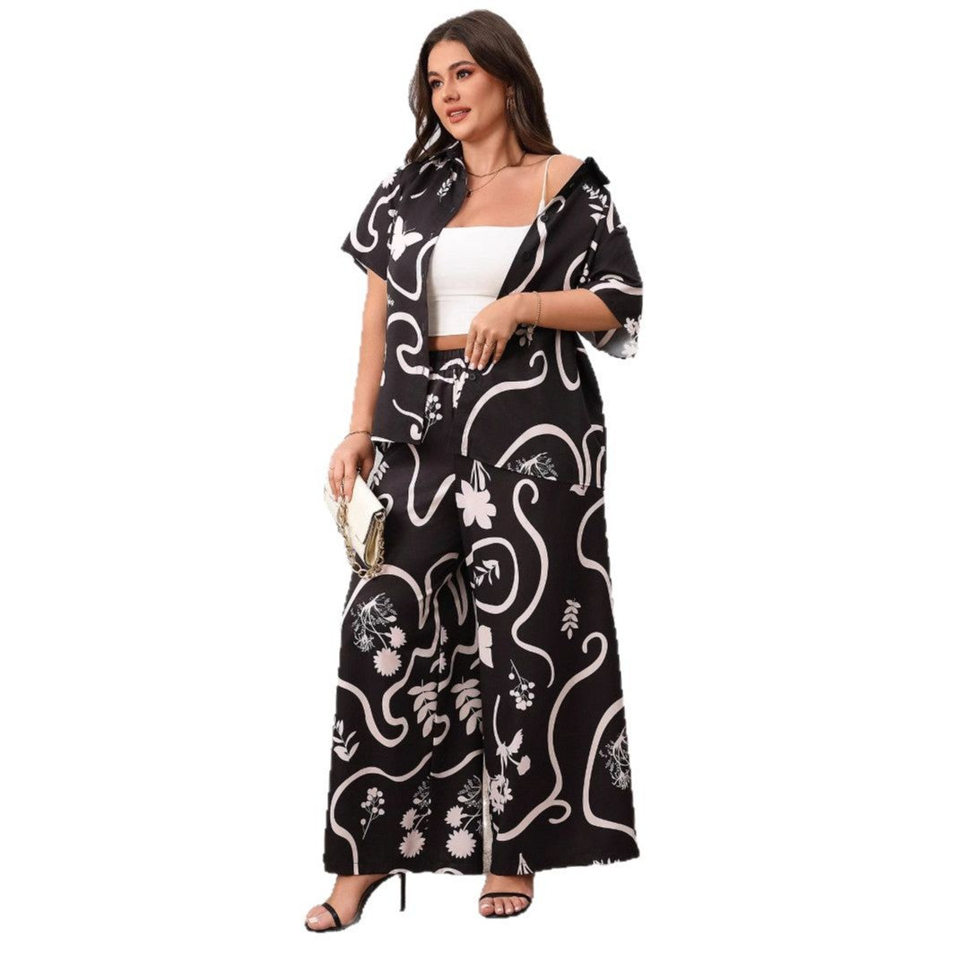 Plus Size Printed Loose Cardigan and Wide Leg Pants Set