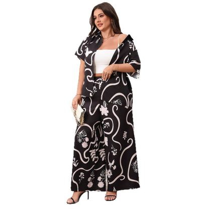 Plus Size Printed Loose Cardigan and Wide Leg Pants Set
