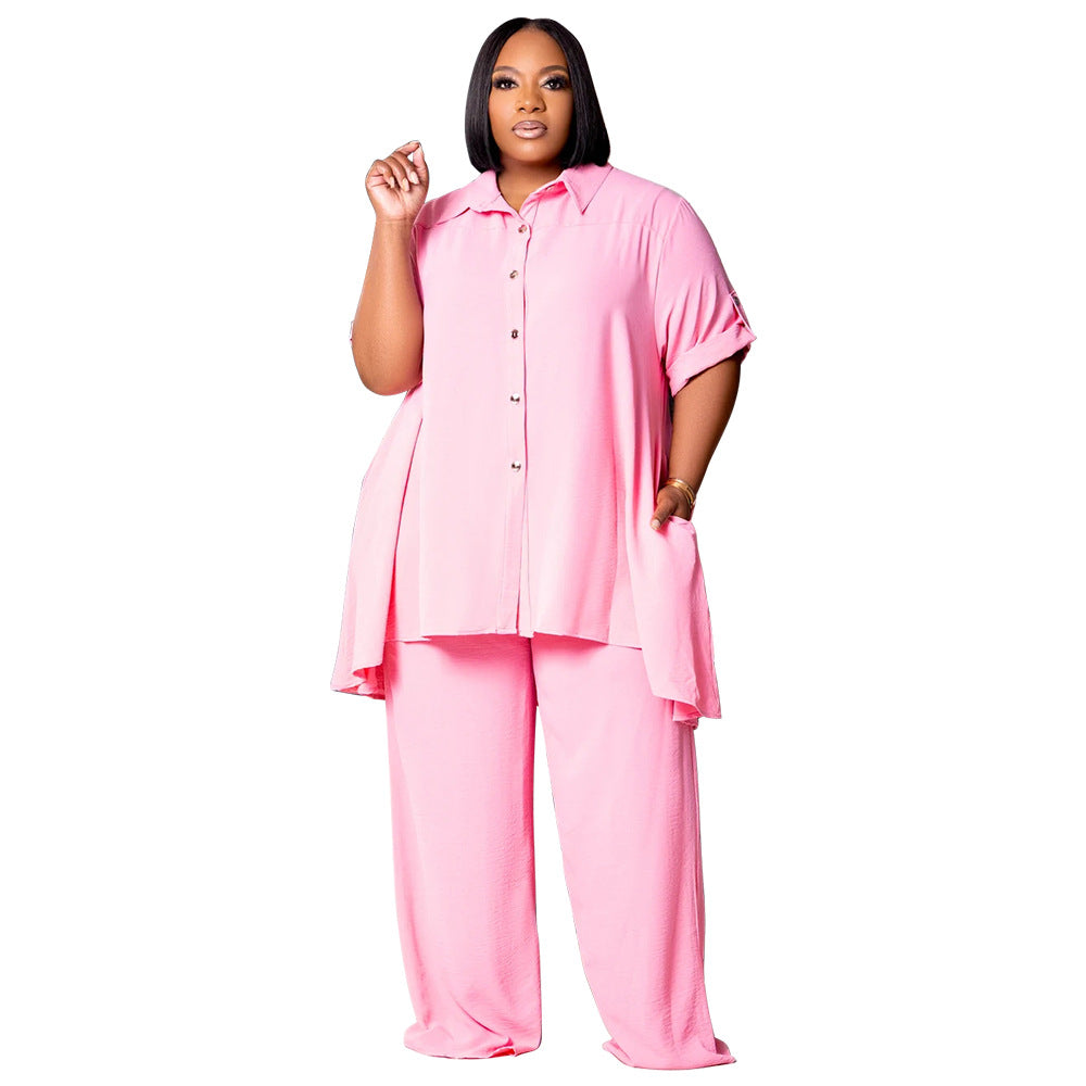 Plus Size Minimalist Button Top Wide Leg Pants Set