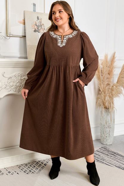Plus Size Embroidered Notched Neck Pleated Midi Dress - Plus Size XL-4XL - View 3