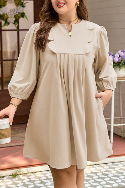 Plus Size Notched Neck Scallop Detail Mini Dress - Plus Size XL-4XL - View 8