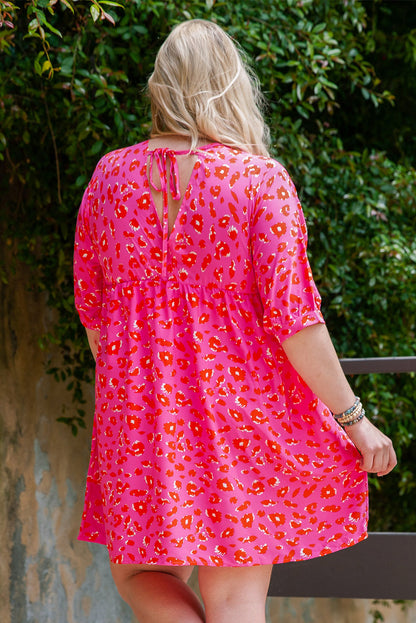 Plus Size 3/4 Sleeve V-Neck Leopard Babydoll Dress