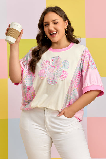 Plus Size Floral Patchwork Embroidery T Shirt - Plus Size Clothing