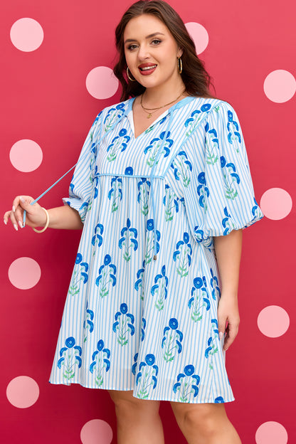 Plus Size Floral Striped Bubble Sleeve Dress - Plus Size XL-4XL - View 4