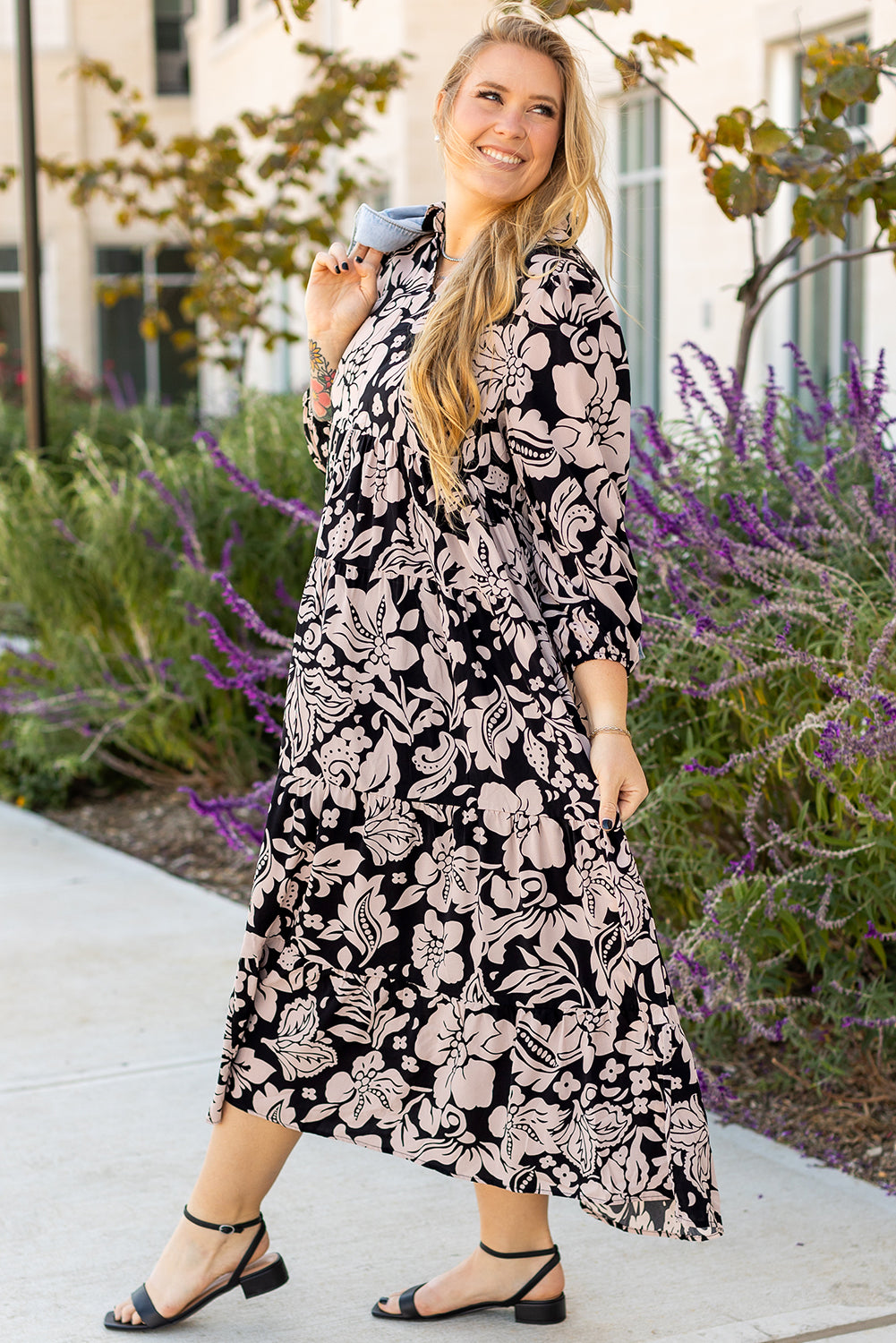 Plus Size Floral Puff Sleeve Collared Maxi Dress - Plus Size XL-4XL - View 6
