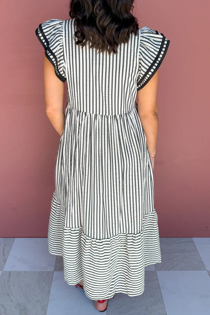 Plus Size Striped V-Neck Tiered Flutter Sleeve Maxi Dress - Plus Size Clothing