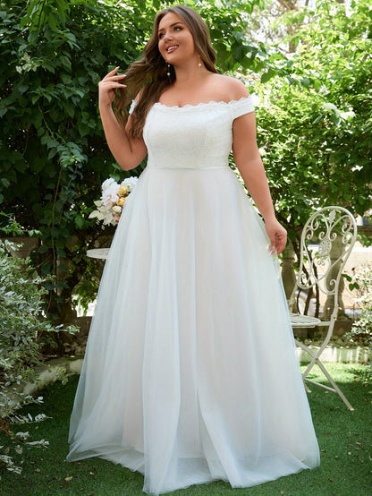 Plus Size Off-the-Shoulder Lace Bridal Gown - Plus Size Clothing