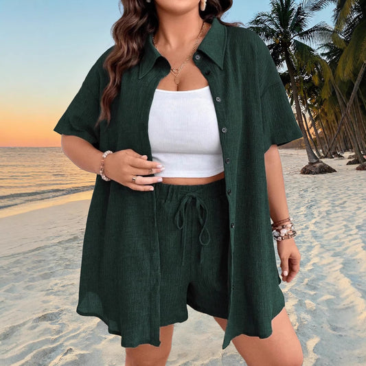 Plus Size Solid Color Vacation Button-Up Cardigan Shorts Set