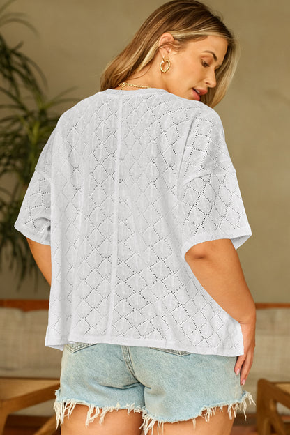 Plus Size Pointelle Rhombus Knit V-Neck Loose Top - Plus Size XL-4XL - View 2