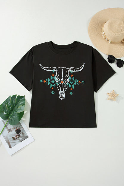 Plus Size Western Aztec Bull Skull Printed T Shirt - Plus Size XL-4XL - View 2