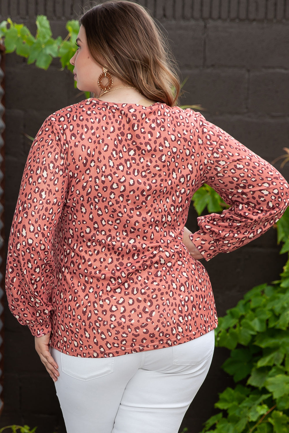 Plus Size Leopard Print Ruffled Long Sleeve Blouse