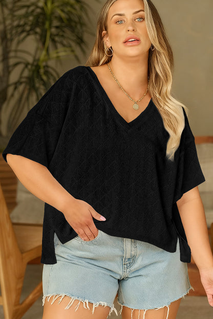 Plus Size Pointelle Rhombus Knit V-Neck Loose Top - Plus Size XL-4XL - View 12