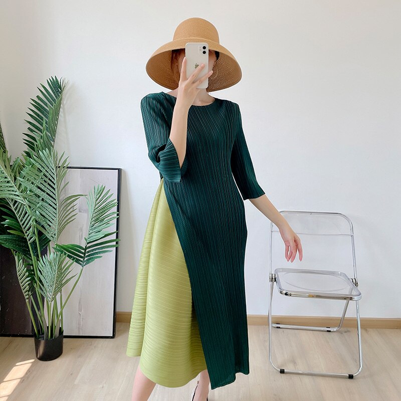 Plus Size Pleated Colorblock Summer Dress