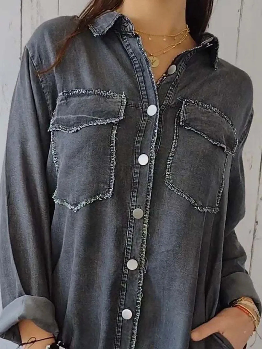 Plus Size Raw Hem Button Up Long Sleeve Denim Top