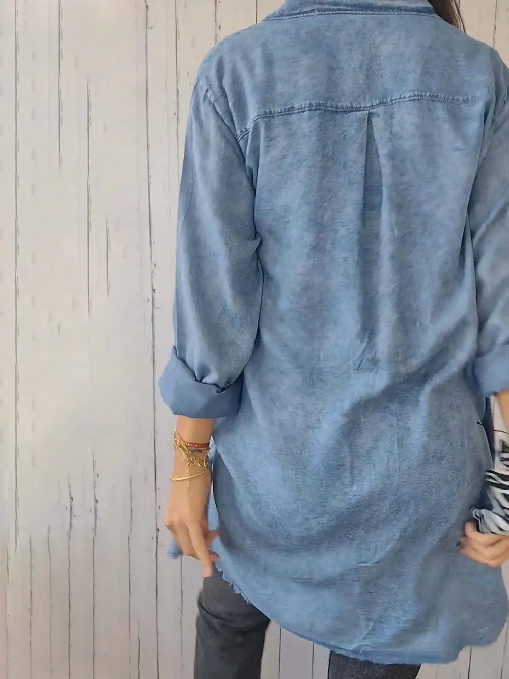 Plus Size Raw Hem Button Up Long Sleeve Denim Top