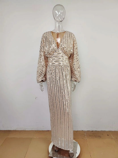 Plus Size Elegant Sequin Evening Dress Long Sleeve