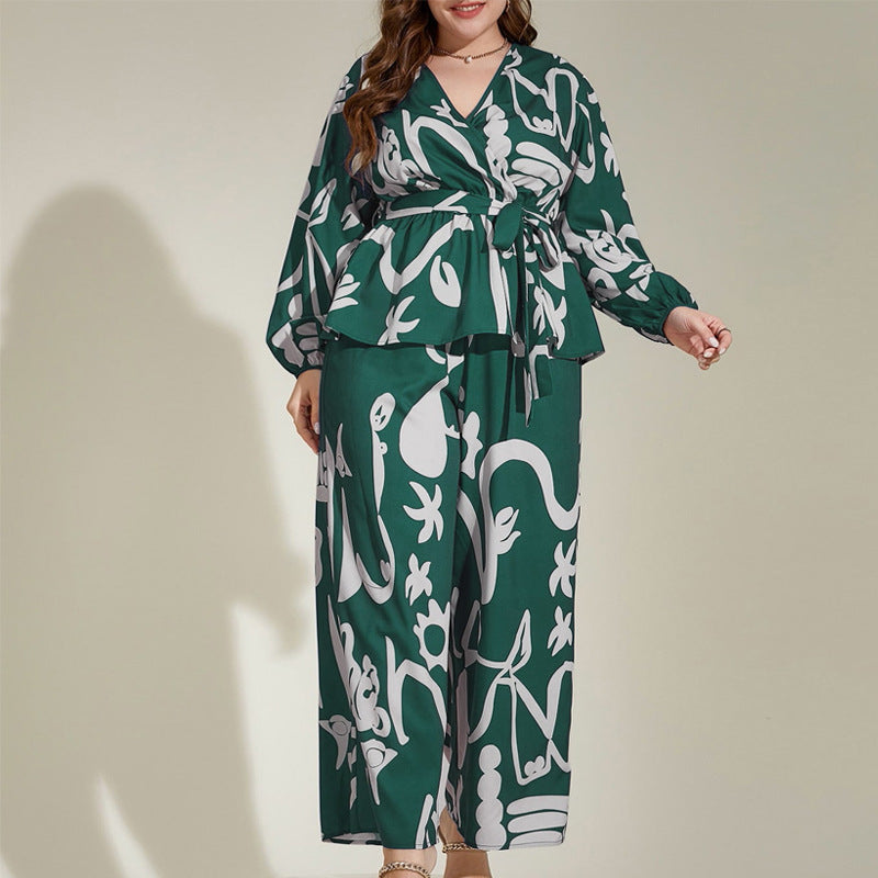 Plus Size Loose Retro Floral V-Neck Shirt Set