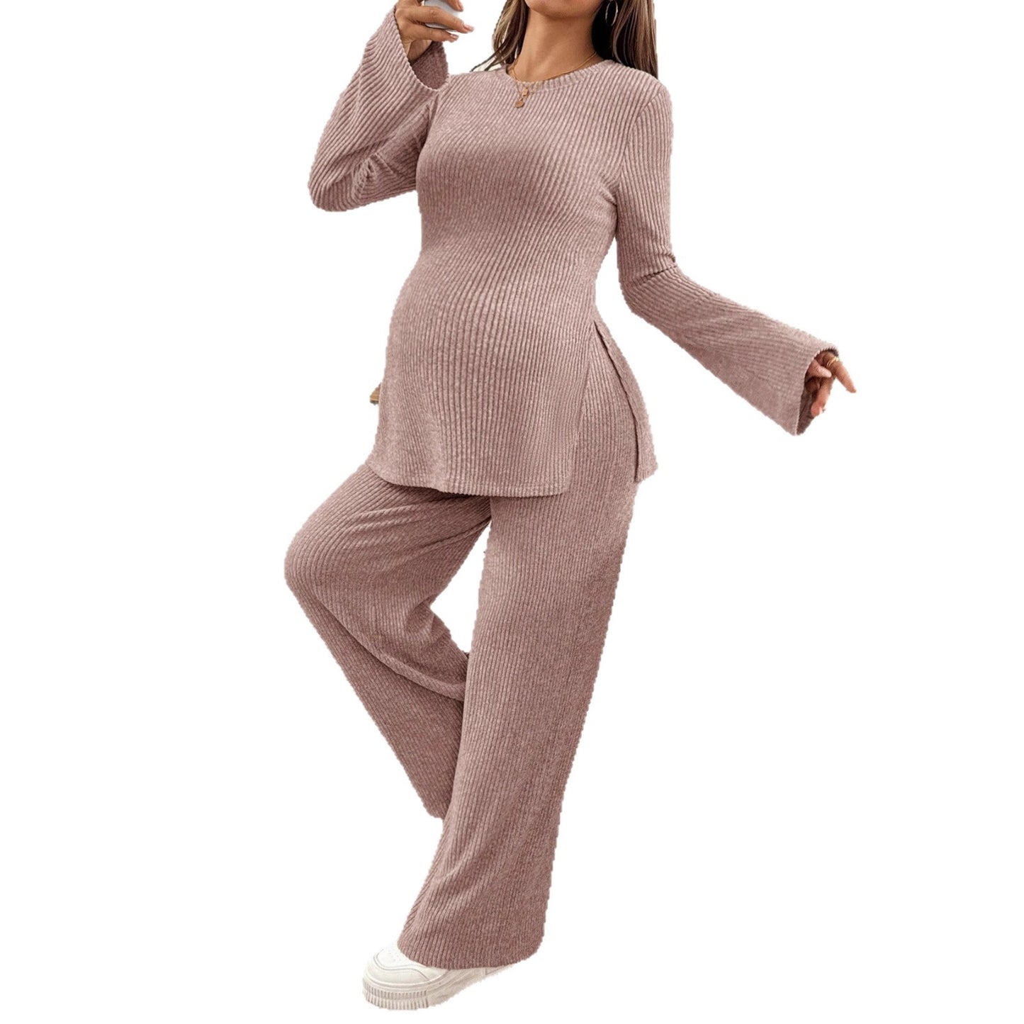 Flared Sleeve Side Slit Top with Knitted Maternity Pants Adjustable Waistband - Plus Size Clothing