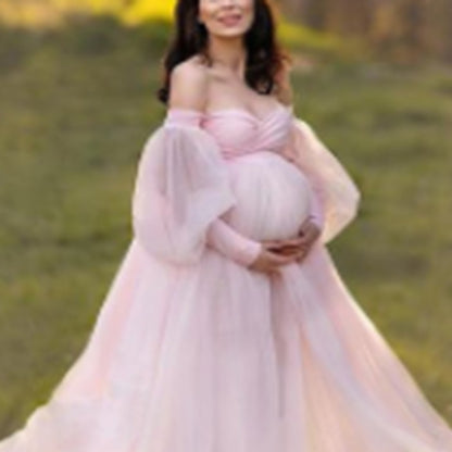 Maternity Plus Size Dress with Bubble SleevesOff-Shoulder Mesh Fabric Flared Skirt, Long Dress - Plus Size Clothing