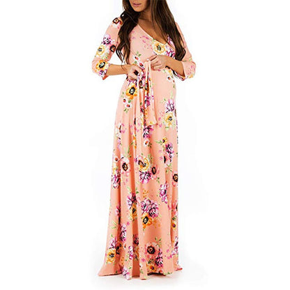 Cross deep V-neck waistband, waist cinched, 3/4 sleeves, floor mopping maternity dress, long dress - Plus Size Clothing