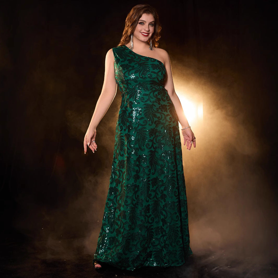 Plus Size Elegant Asymmetric Neckline A-Line Evening Gown