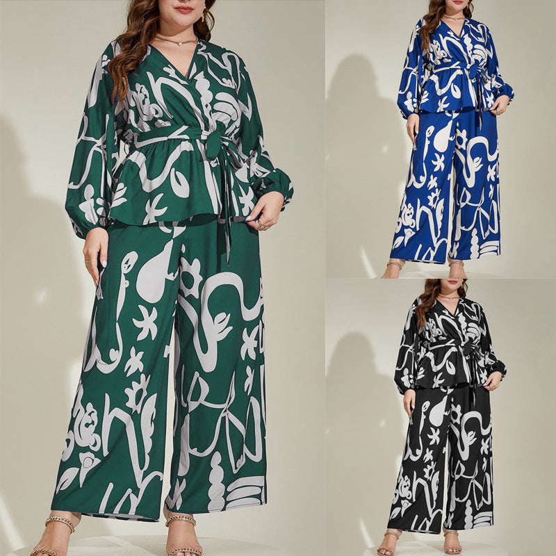 Plus Size Loose Retro Floral V-Neck Shirt Set