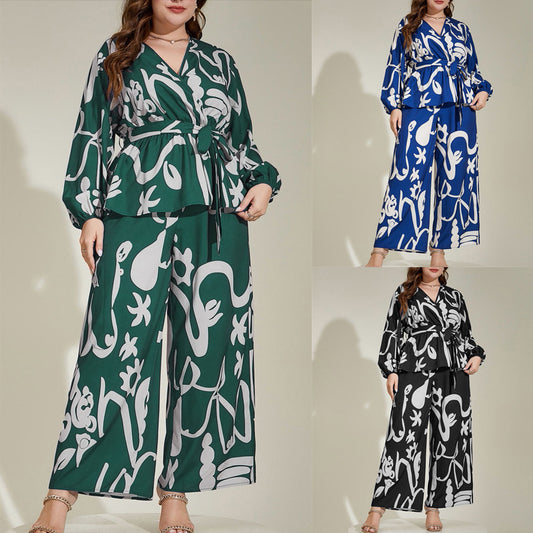 Plus Size Loose Retro Floral V-Neck Shirt Set
