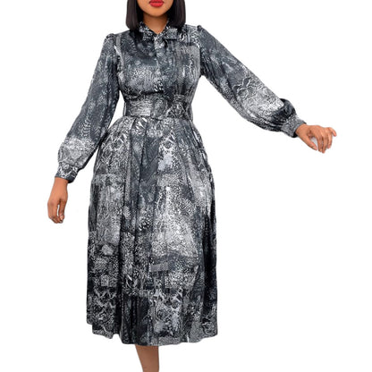 Plus Size Long Sleeve High Waist Printed Dress - Plus Size XL-4XL - View 1