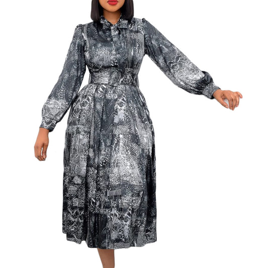 Plus Size Long Sleeve High Waist Printed Banquet Dress